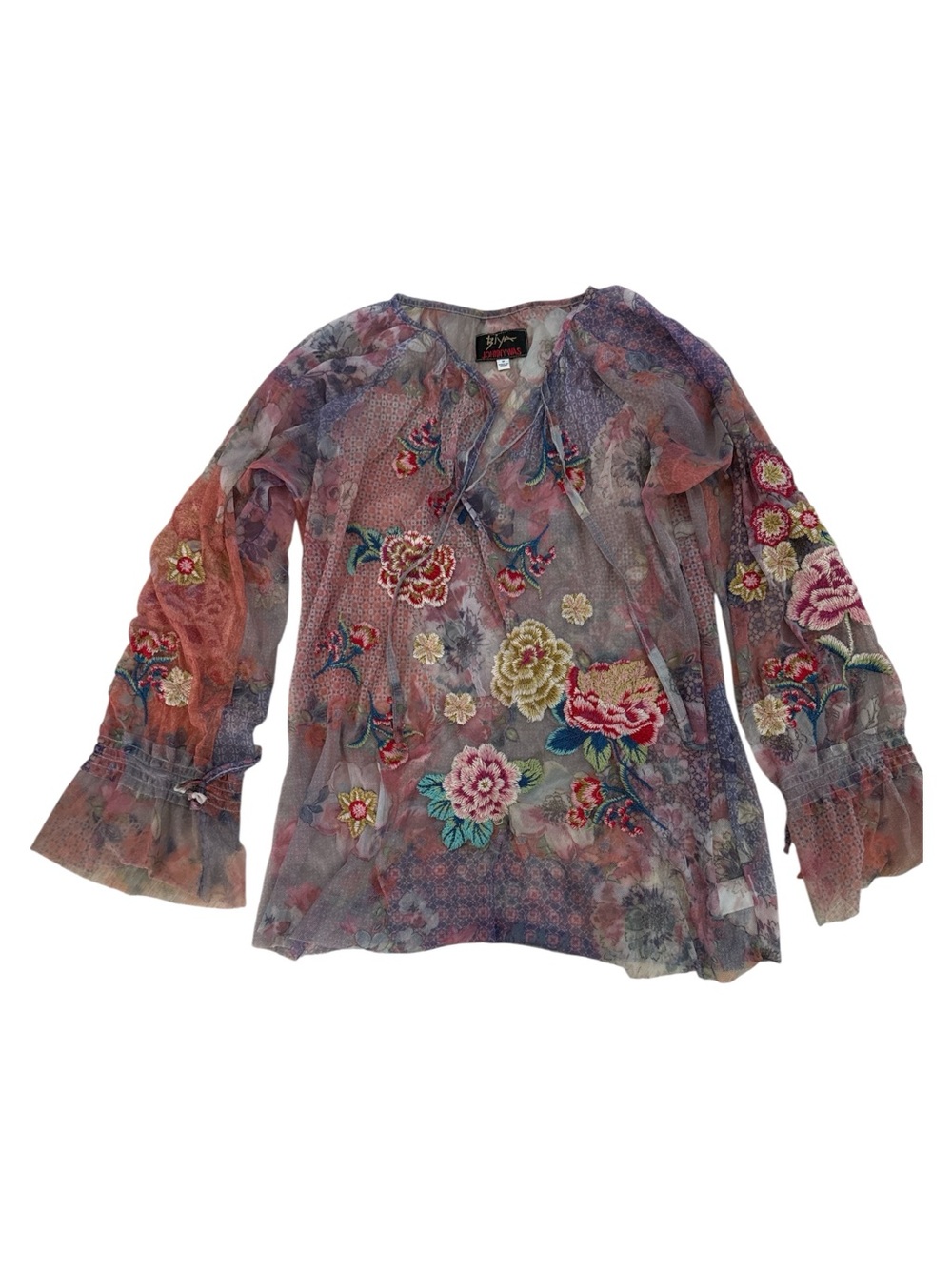 Johnny Was Biya Calliope Embroidered Sheer Mesh Blouse | Medium